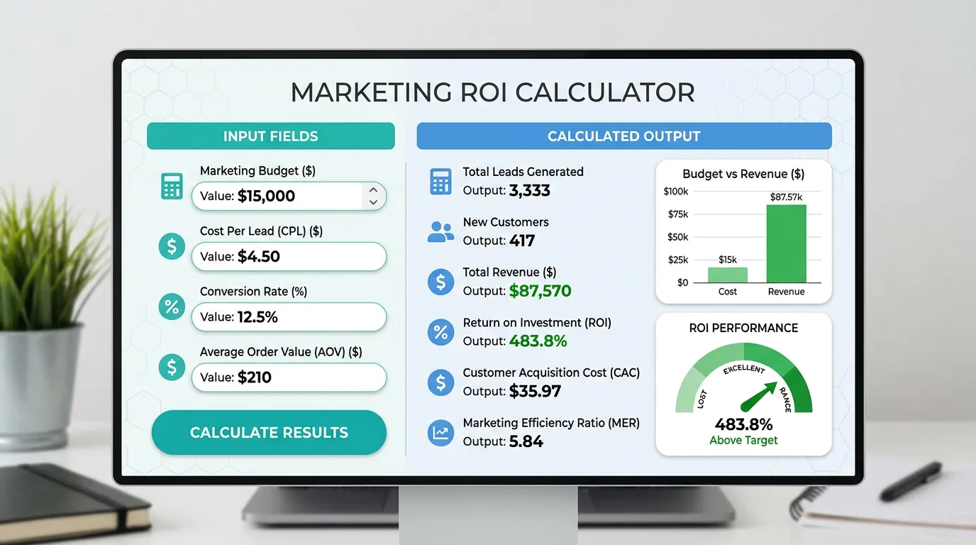 Business calculator showing input fields for marketing calculations with number inputs and calculated dollar results
