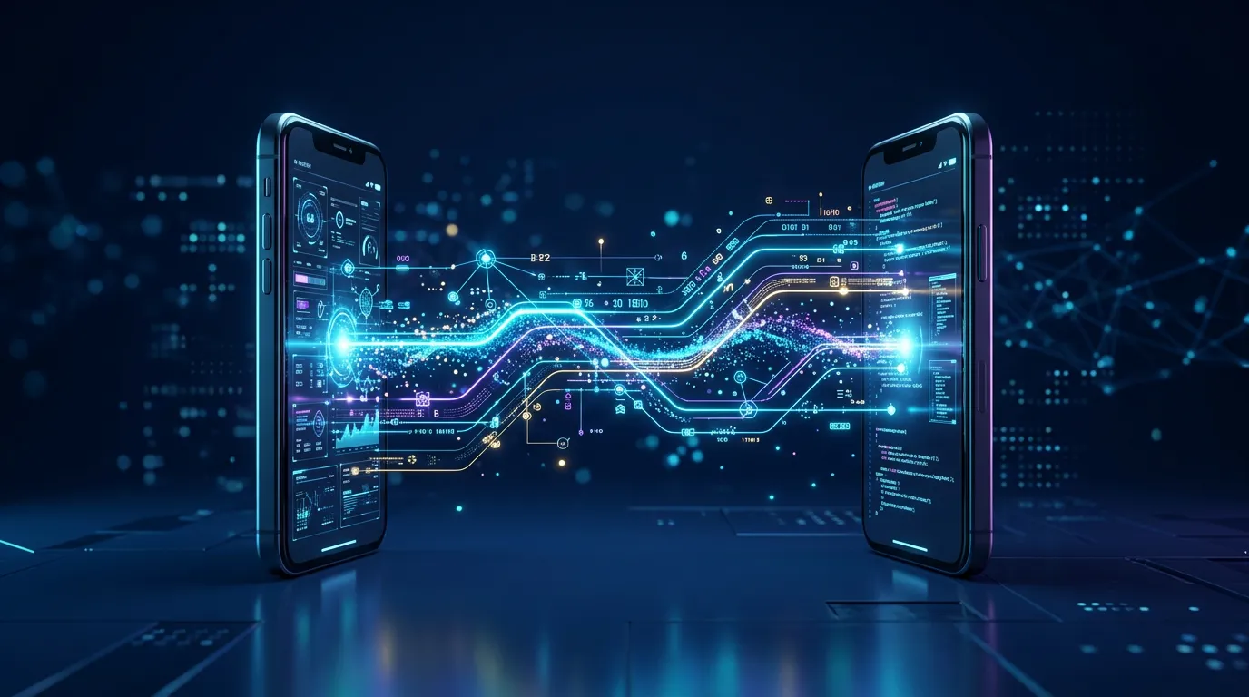 Two smartphones connected by digital data streams representing digital marketing agency Chino CA