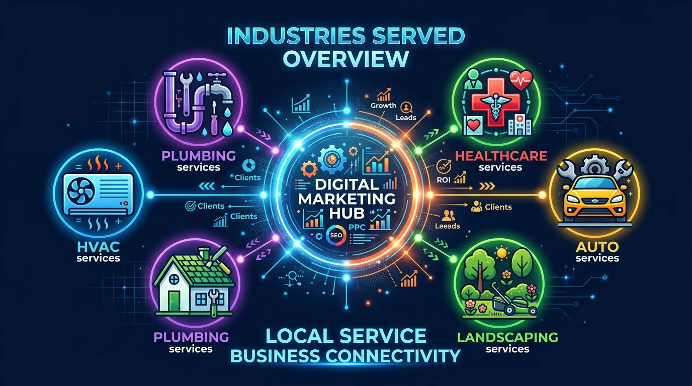 Industries served overview showing HVAC plumbing roofing healthcare auto services all connected to digital marketing hub