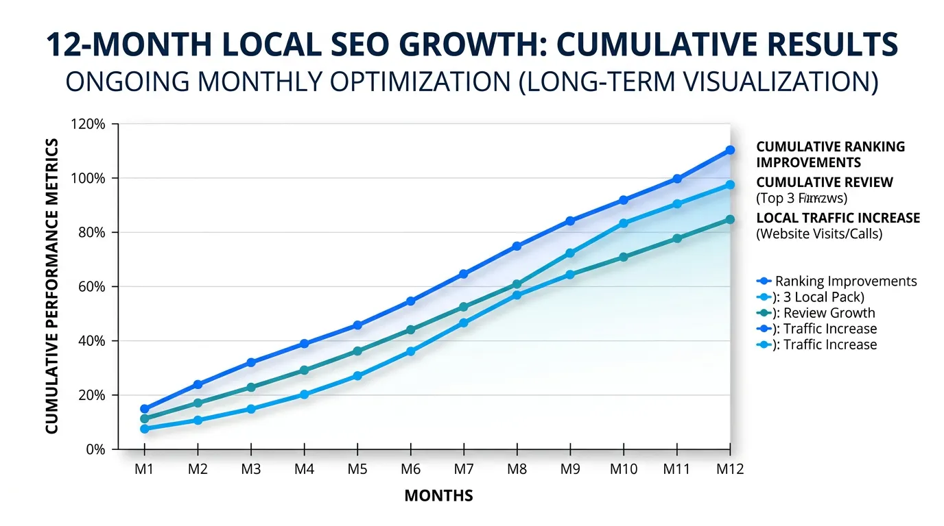 12-month local SEO cumulative growth chart showing ranking improvements review growth and traffic increase over time