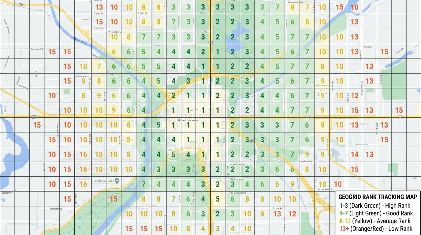Geogrid rank tracking map showing city divided into grid with position numbers showing rankings across neighborhoods