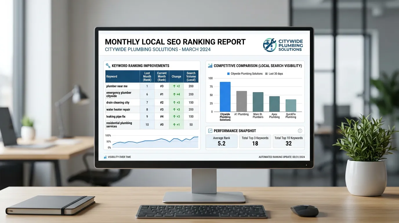 Monthly local SEO ranking report showing keyword position improvements and competitive comparison for service business
