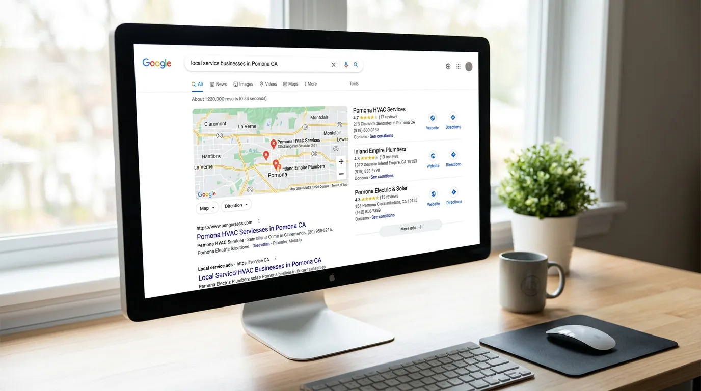 Pomona CA local SEO showing Google search map pack for service businesses in Pomona California Inland Empire