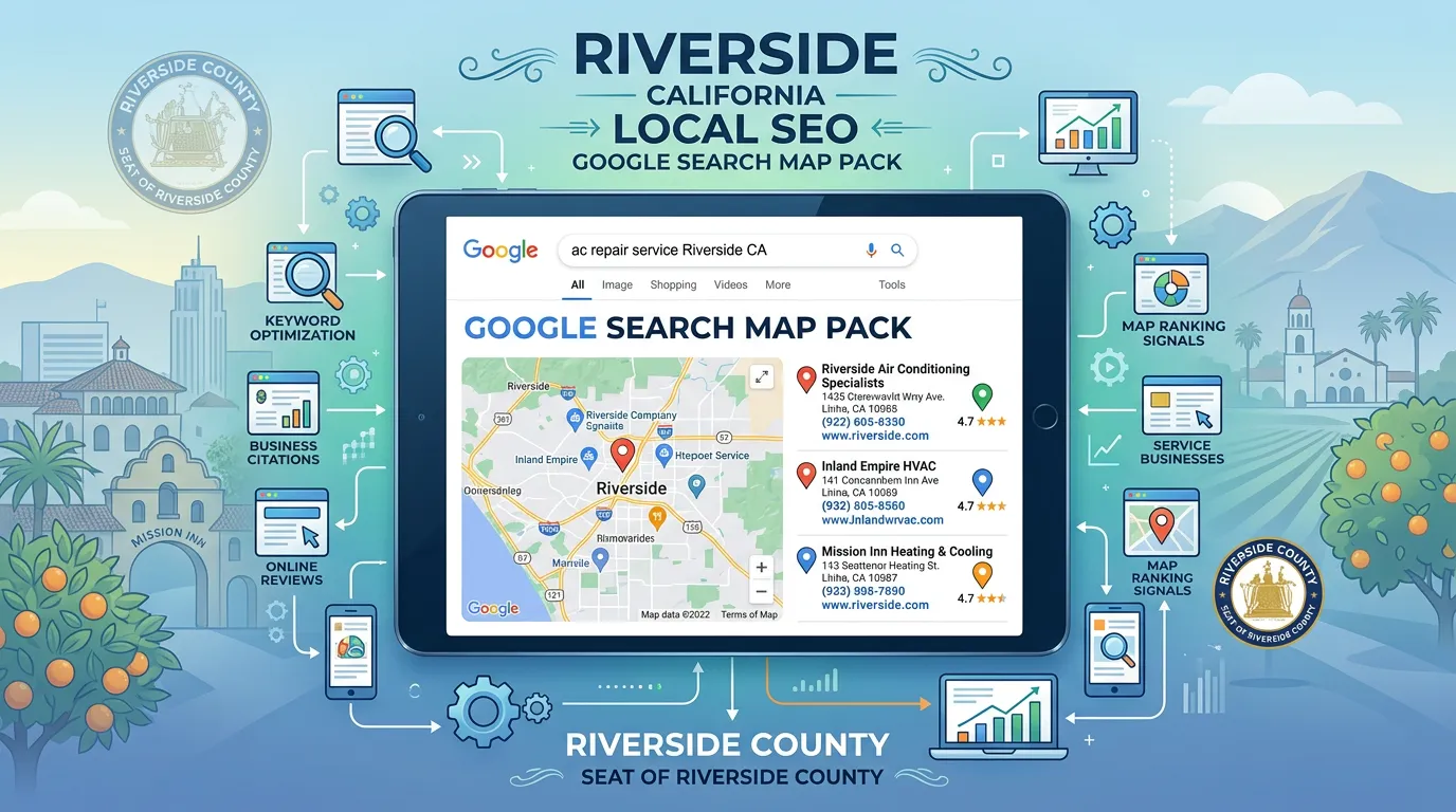 Riverside CA local SEO showing Google search map pack for service businesses in Riverside California county seat