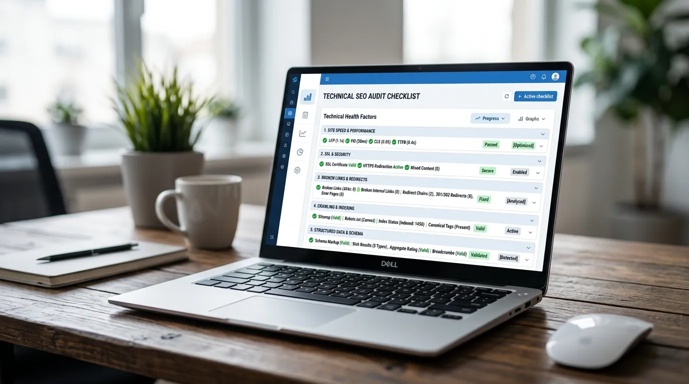 Technical SEO audit checklist showing website health factors being checked including speed SSL broken links and structured data