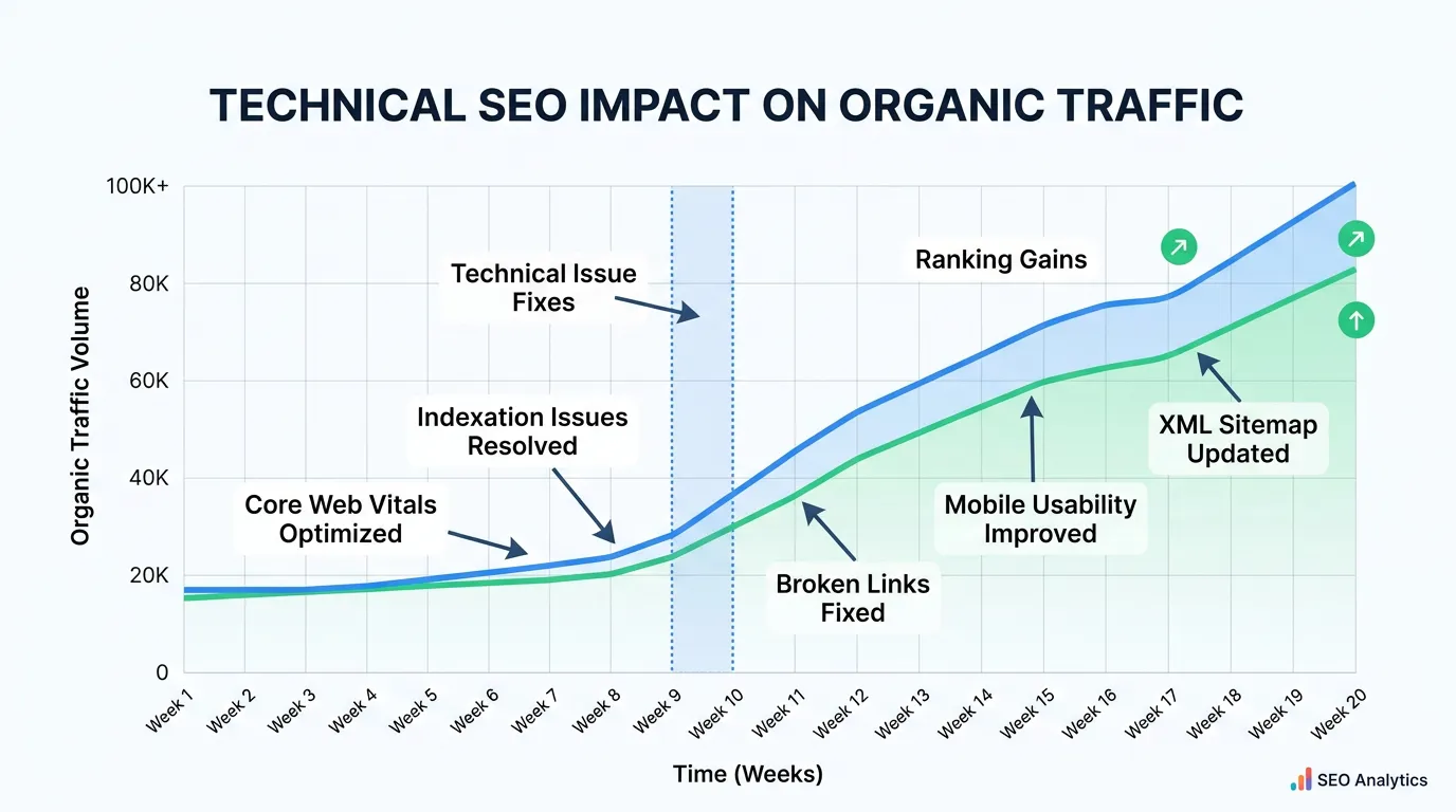 Chart of organic traffic before and after technical SEO fixes on a service business website