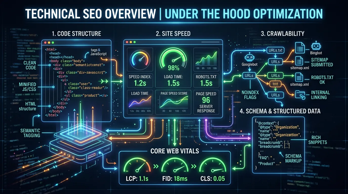 Technical SEO overview showing website under the hood with code structure speed crawlability schema and core web vitals optimized