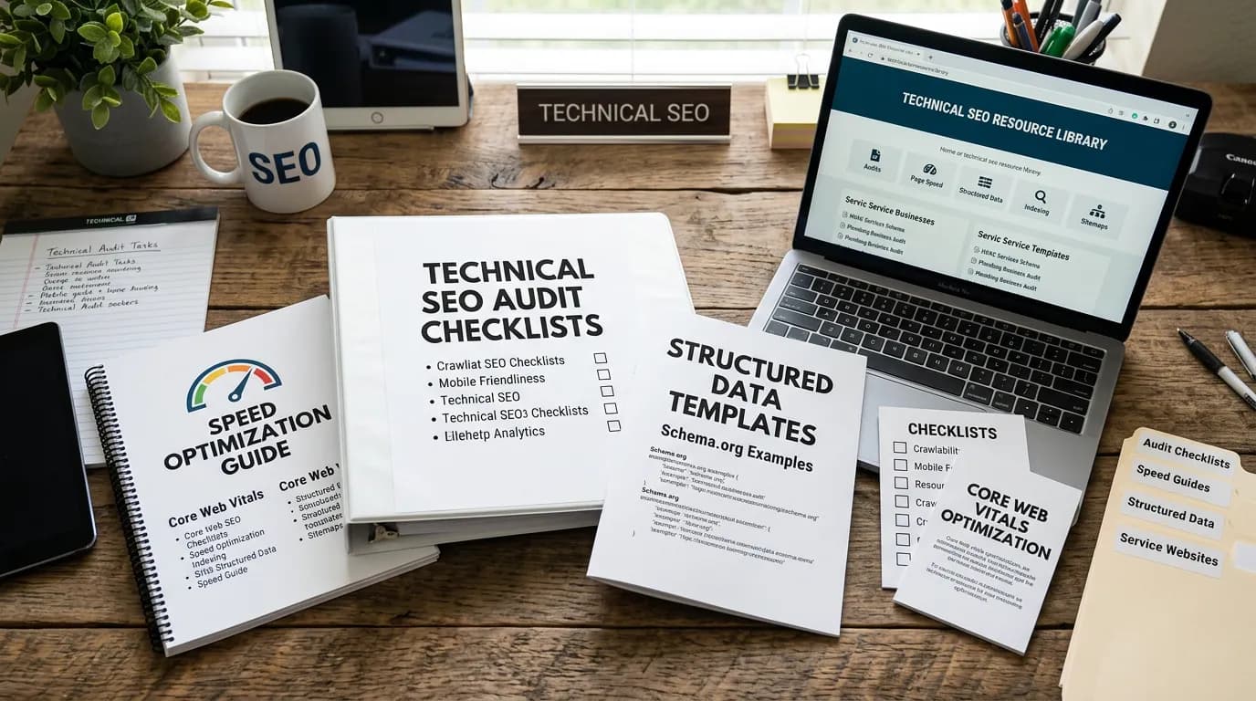 Technical SEO resources showing collection of audit checklists speed optimization guides and structured data templates